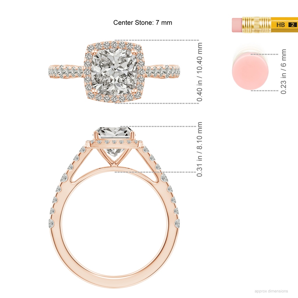 7mm KI3 Cushion Diamond Station Halo Engagement Ring in 9K Rose Gold ruler