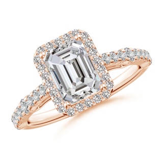7.5x5.5mm IJI1I2 Emerald-Cut Diamond Station Halo Engagement Ring in 18K Rose Gold