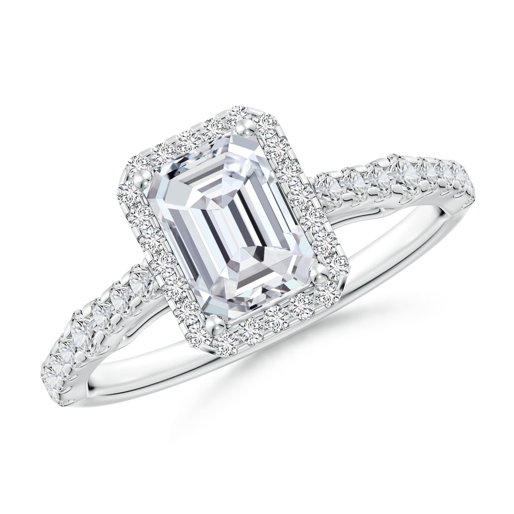 7x5mm HSI2 Emerald-Cut Diamond Station Halo Engagement Ring in White Gold
