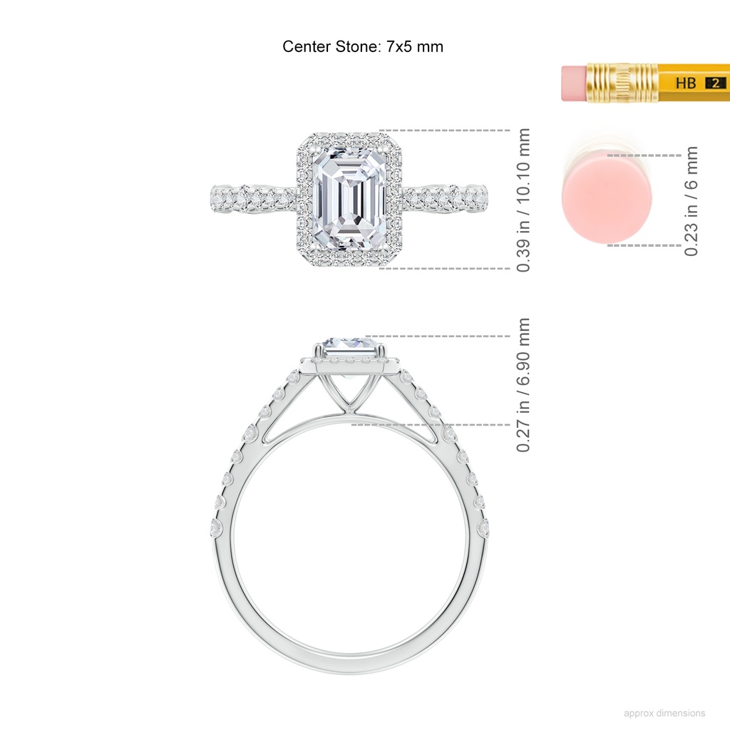 7x5mm HSI2 Emerald-Cut Diamond Station Halo Engagement Ring in White Gold ruler