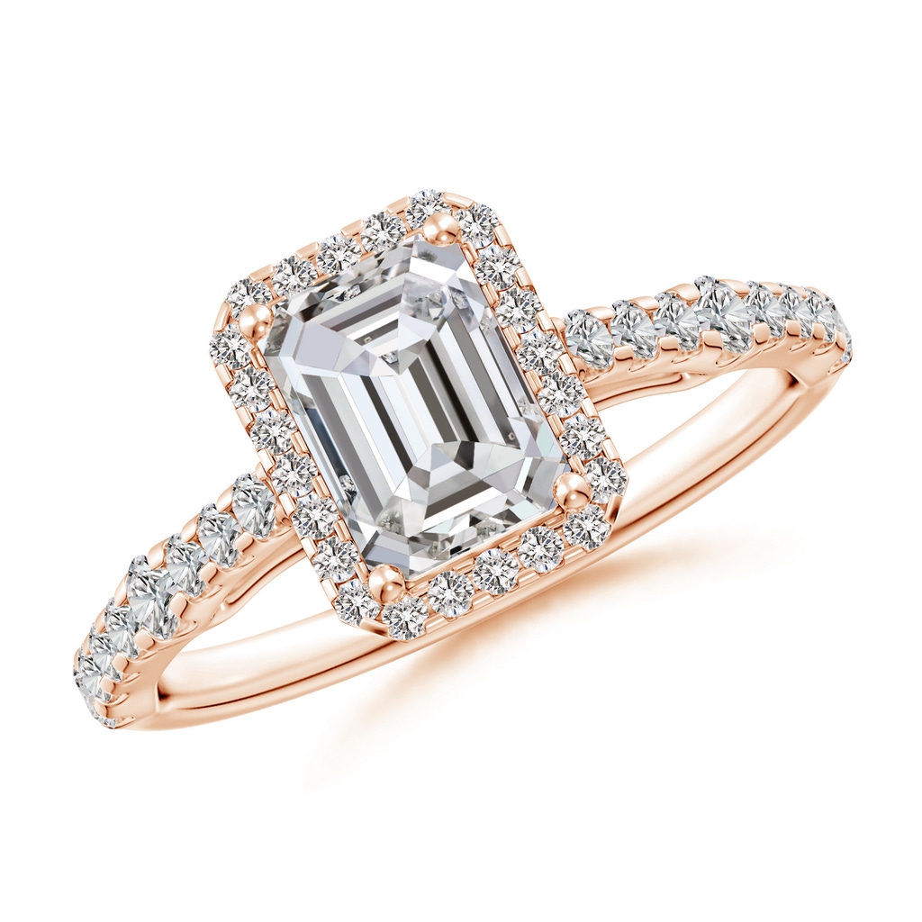 7x5mm IJI1I2 Emerald-Cut Diamond Station Halo Engagement Ring in Rose Gold