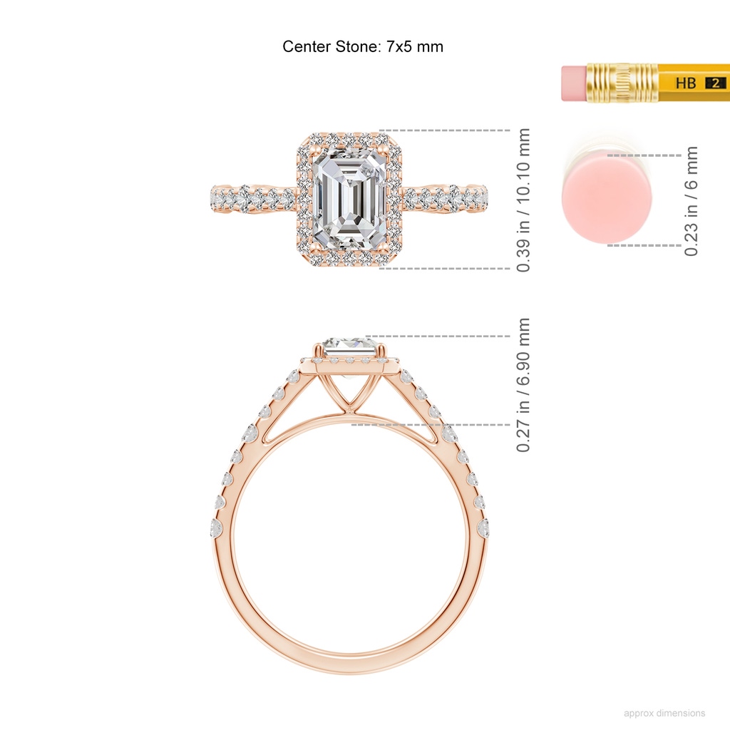 7x5mm IJI1I2 Emerald-Cut Diamond Station Halo Engagement Ring in Rose Gold ruler