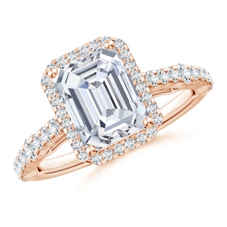 8.5x6.5mm GVS2 Emerald-Cut Diamond Station Halo Engagement Ring in 10K Rose Gold