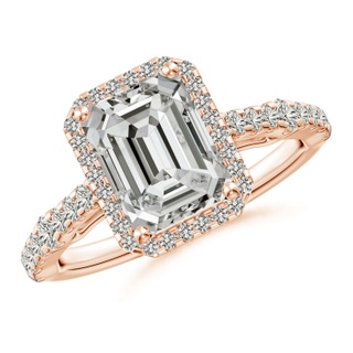 8.5x6.5mm KI3 Emerald-Cut Diamond Station Halo Engagement Ring in 10K Rose Gold