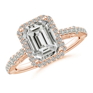 8.5x6.5mm KI3 Emerald-Cut Diamond Station Halo Engagement Ring in Rose Gold