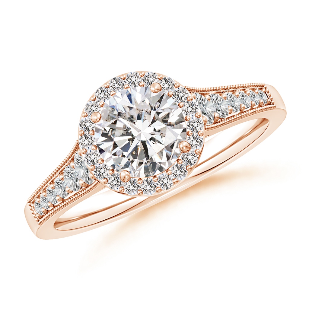 6.5mm IJI1I2 Round Diamond Halo Engagement Ring with Milgrain in Rose Gold
