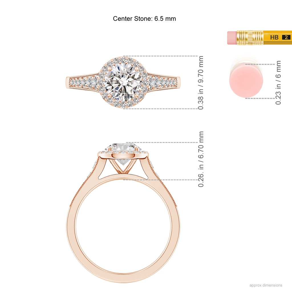 6.5mm IJI1I2 Round Diamond Halo Engagement Ring with Milgrain in Rose Gold ruler