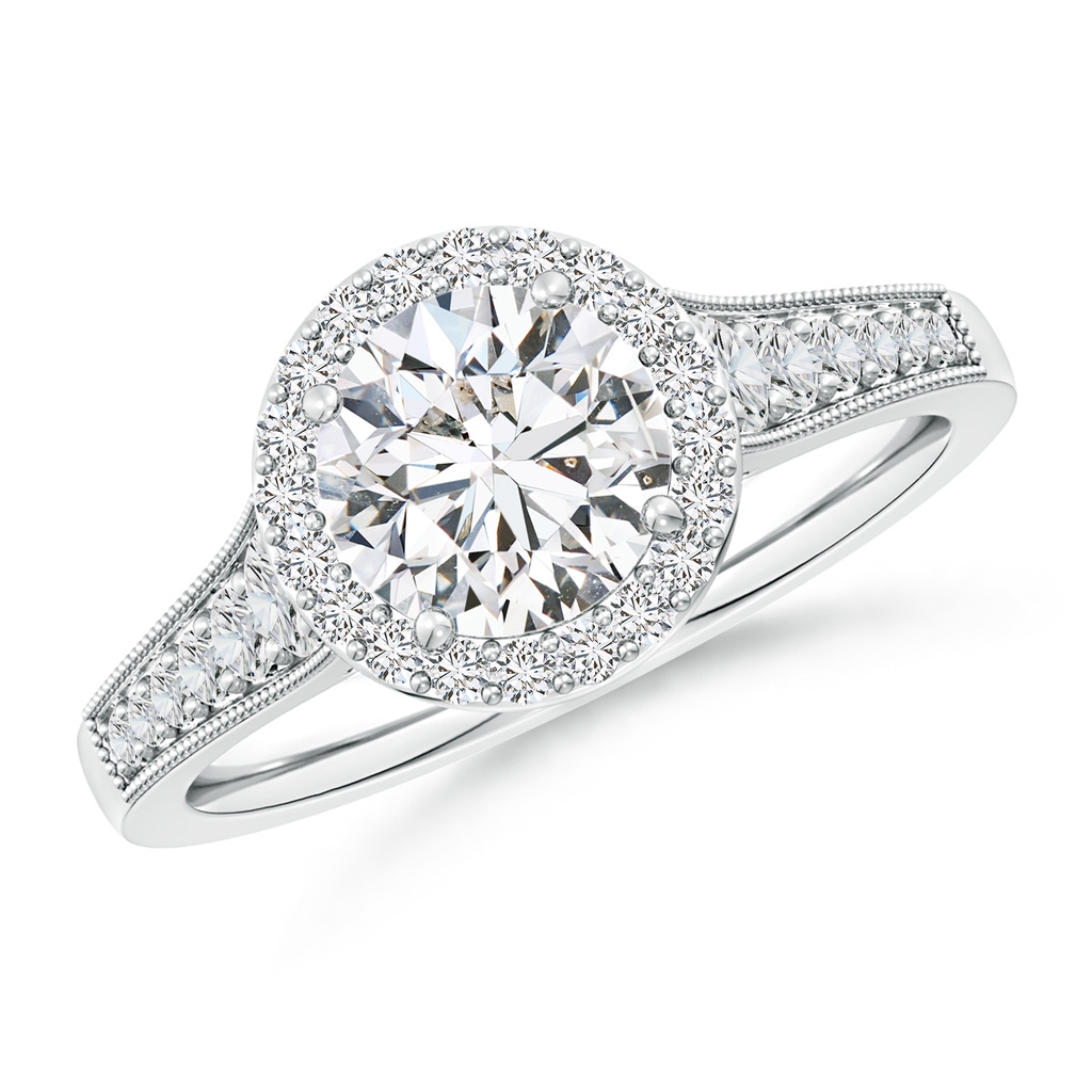 7.4mm HSI2 Round Diamond Halo Engagement Ring with Milgrain in White Gold
