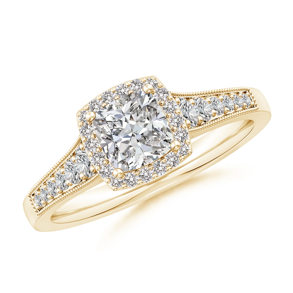 5.5mm IJI1I2 Cushion Diamond Halo Engagement Ring with Milgrain in Yellow Gold