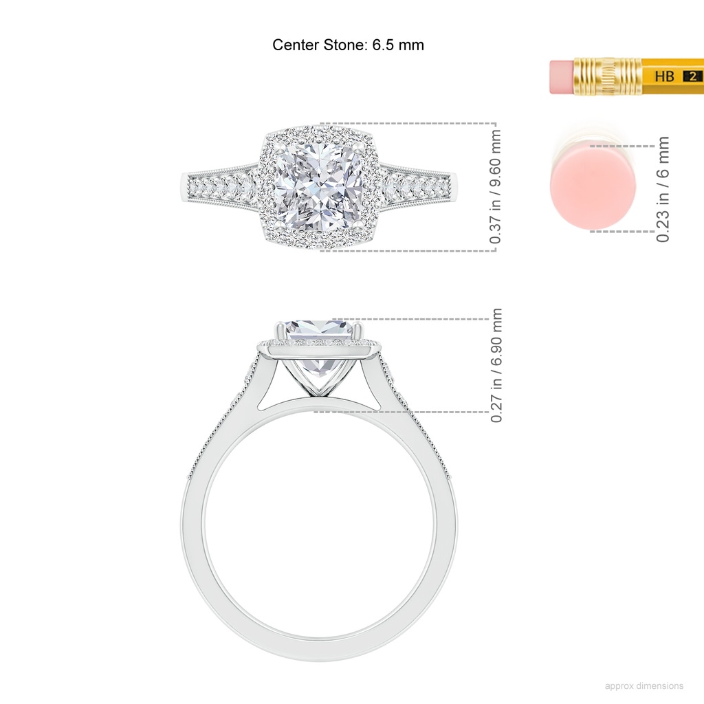 6.5mm HSI2 Cushion Diamond Halo Engagement Ring with Milgrain in White Gold ruler