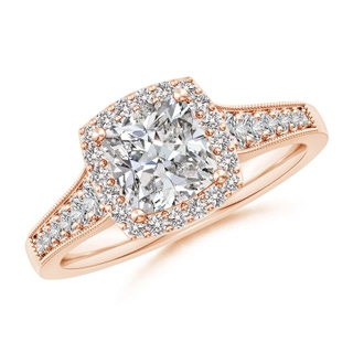 6.5mm IJI1I2 Cushion Diamond Halo Engagement Ring with Milgrain in 18K Rose Gold