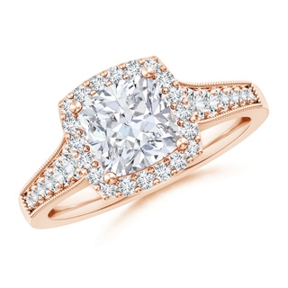 7mm GVS2 Cushion Diamond Halo Engagement Ring with Milgrain in 18K Rose Gold