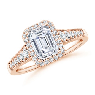 7.5x5.5mm GVS2 Emerald-Cut Diamond Halo Engagement Ring with Milgrain in 18K Rose Gold