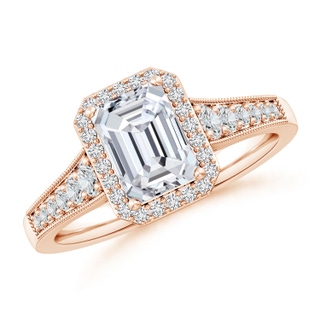 7.5x5.5mm HSI2 Emerald-Cut Diamond Halo Engagement Ring with Milgrain in 18K Rose Gold