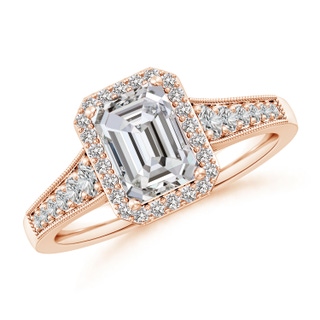 7.5x5.5mm IJI1I2 Emerald-Cut Diamond Halo Engagement Ring with Milgrain in 10K Rose Gold