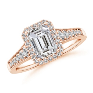 7.5x5.5mm IJI1I2 Emerald-Cut Diamond Halo Engagement Ring with Milgrain in 18K Rose Gold
