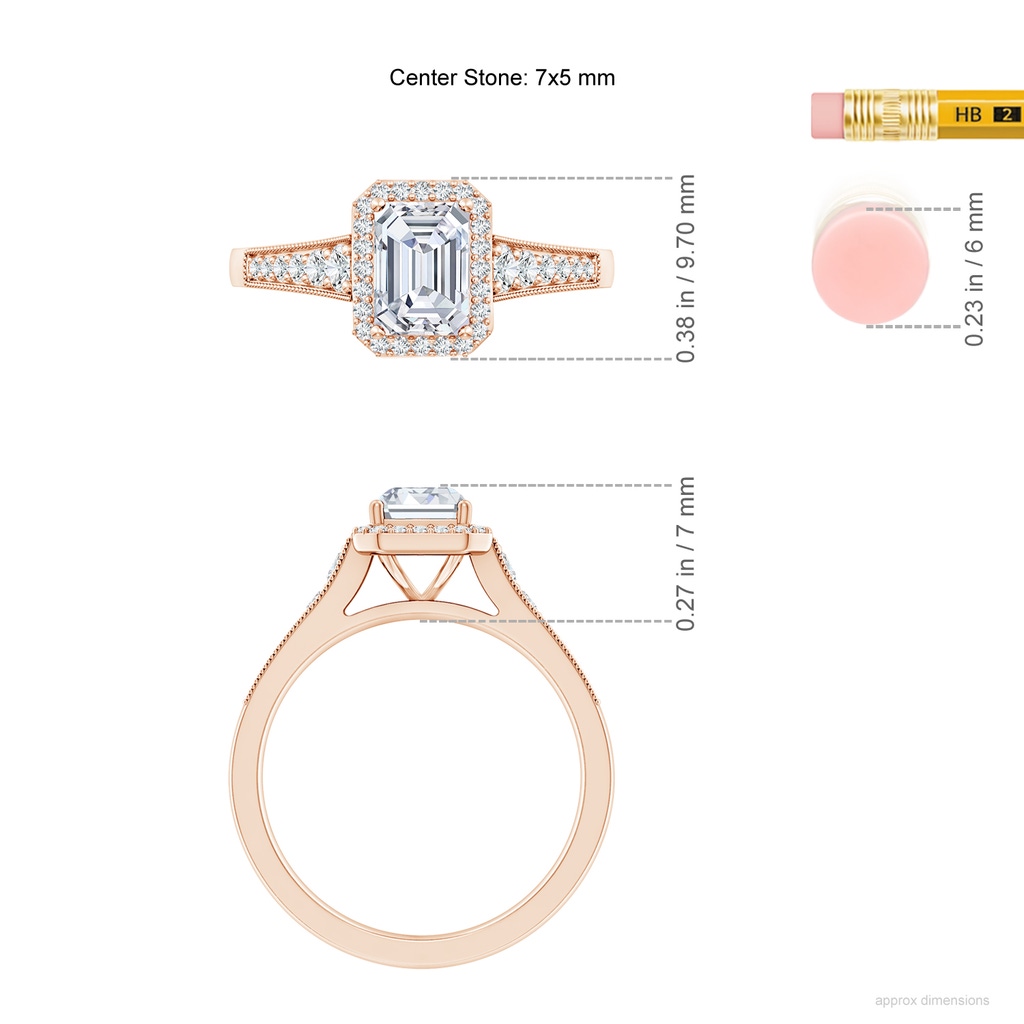 7x5mm GVS2 Emerald-Cut Diamond Halo Engagement Ring with Milgrain in Rose Gold ruler