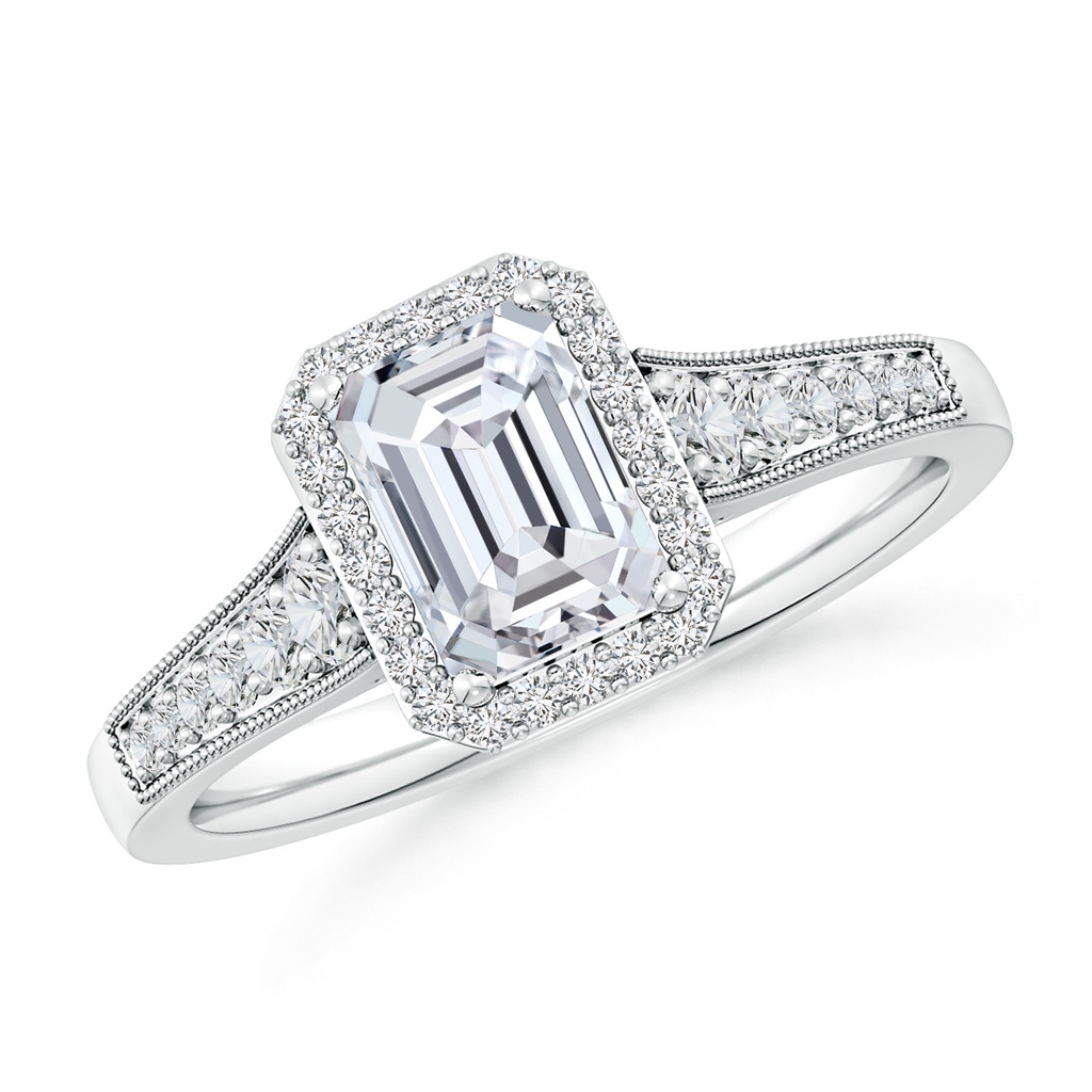 7x5mm HSI2 Emerald-Cut Diamond Halo Engagement Ring with Milgrain in White Gold