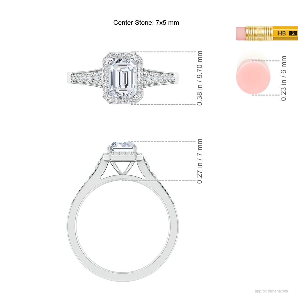 7x5mm HSI2 Emerald-Cut Diamond Halo Engagement Ring with Milgrain in White Gold ruler