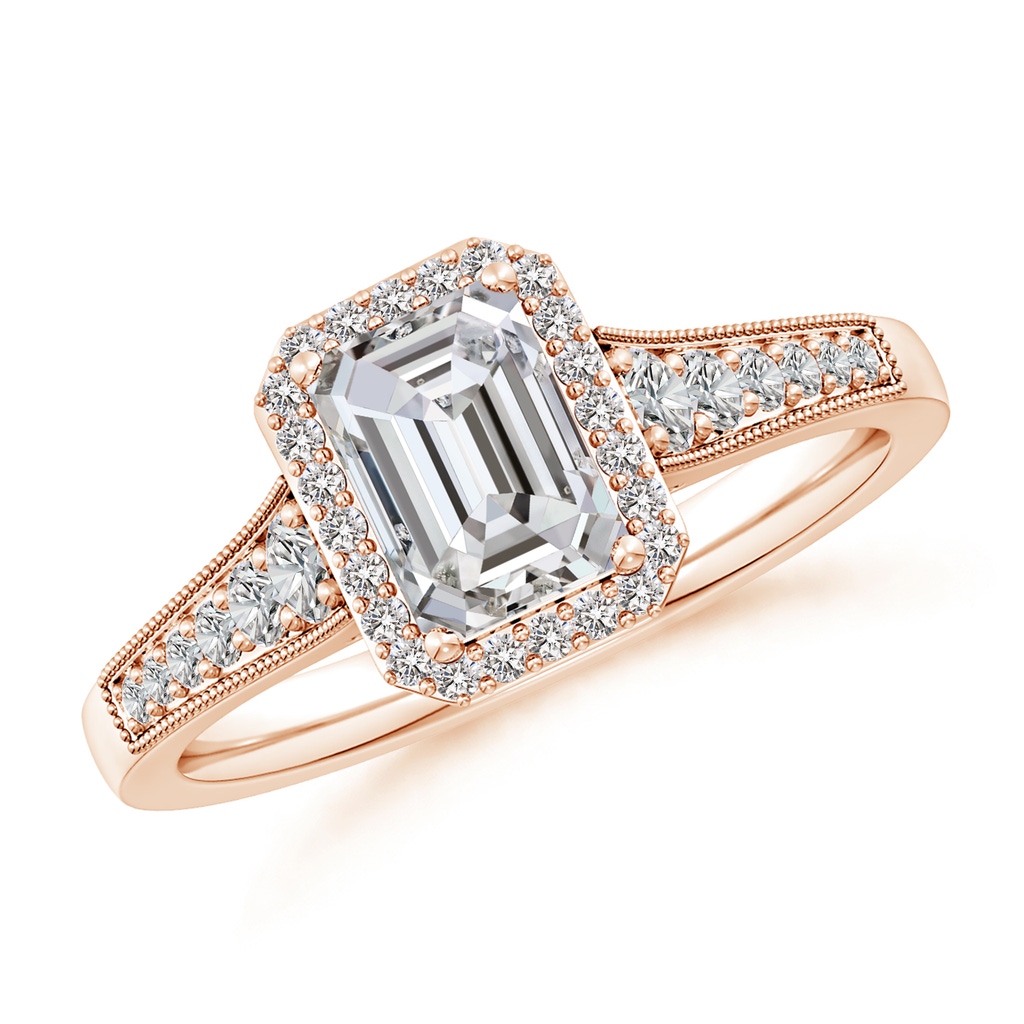 7x5mm IJI1I2 Emerald-Cut Diamond Halo Engagement Ring with Milgrain in Rose Gold