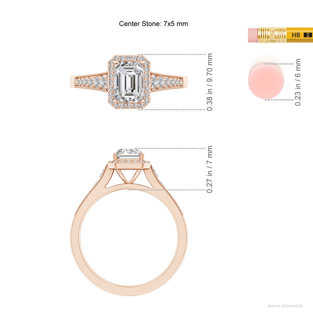 7x5mm IJI1I2 Emerald-Cut Diamond Halo Engagement Ring with Milgrain in Rose Gold ruler