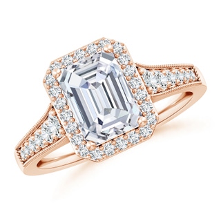 8.5x6.5mm GVS2 Emerald-Cut Diamond Halo Engagement Ring with Milgrain in Rose Gold
