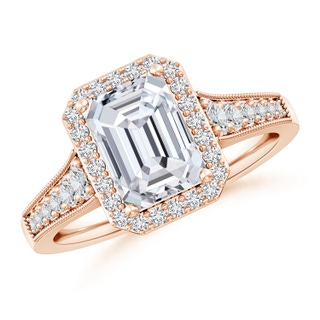 8.5x6.5mm HSI2 Emerald-Cut Diamond Halo Engagement Ring with Milgrain in Rose Gold