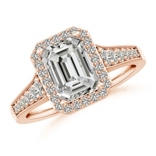 8.5x6.5mm KI3 Emerald-Cut Diamond Halo Engagement Ring with Milgrain in Rose Gold