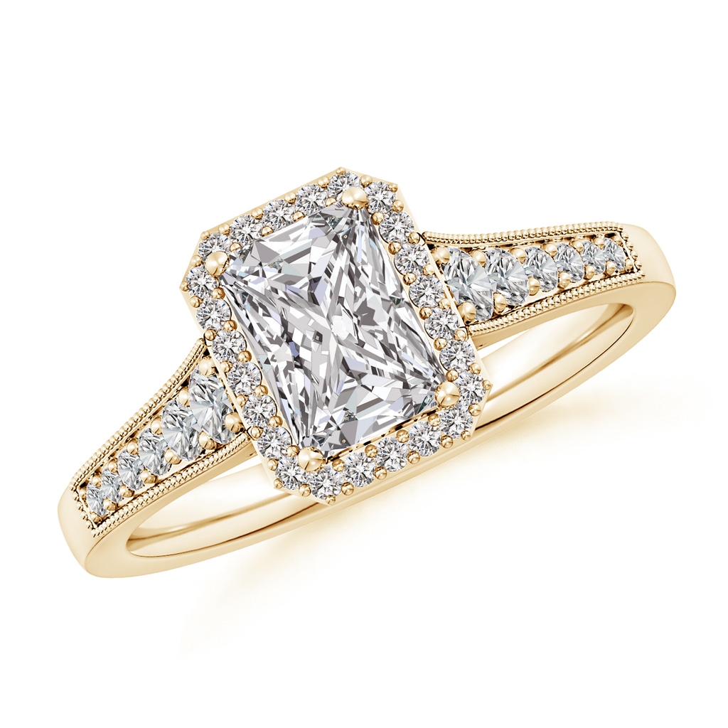 7x5mm IJI1I2 Radiant-Cut Diamond Halo Engagement Ring with Milgrain in Yellow Gold