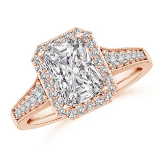 8x6mm IJI1I2 Radiant-Cut Diamond Halo Engagement Ring with Milgrain in 18K Rose Gold