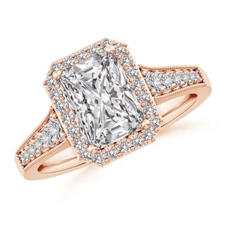 8x6mm IJI1I2 Radiant-Cut Diamond Halo Engagement Ring with Milgrain in Rose Gold