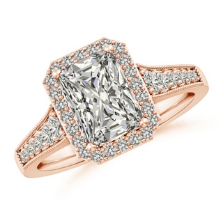 8x6mm KI3 Radiant-Cut Diamond Halo Engagement Ring with Milgrain in Rose Gold