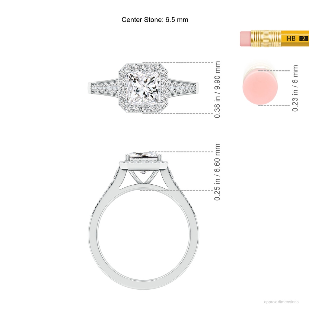 6.5mm HSI2 Princess-Cut Diamond Halo Engagement Ring with Milgrain in White Gold ruler