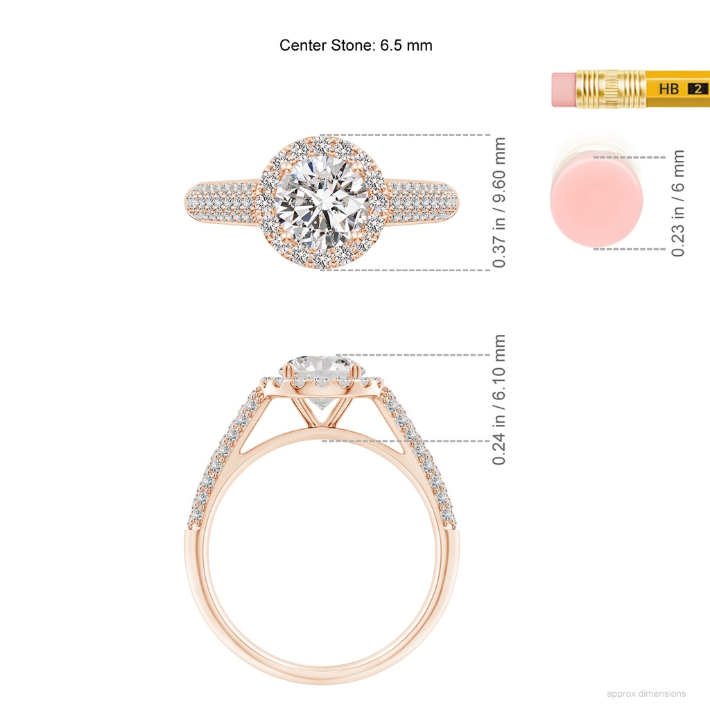 6.5mm IJI1I2 Round Diamond Halo Engagement Ring with Pave-Set Accents in Rose Gold ruler
