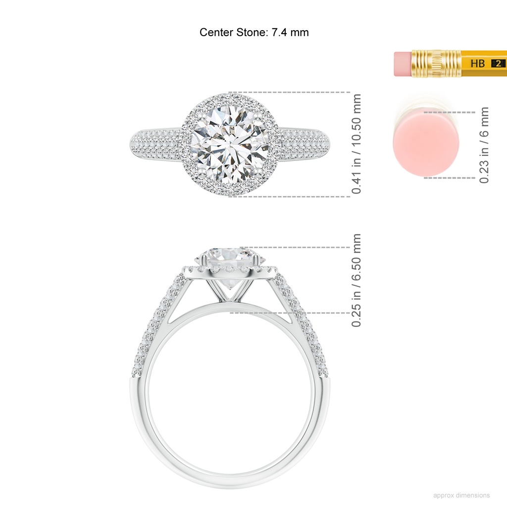 7.4mm HSI2 Round Diamond Halo Engagement Ring with Pave-Set Accents in White Gold ruler