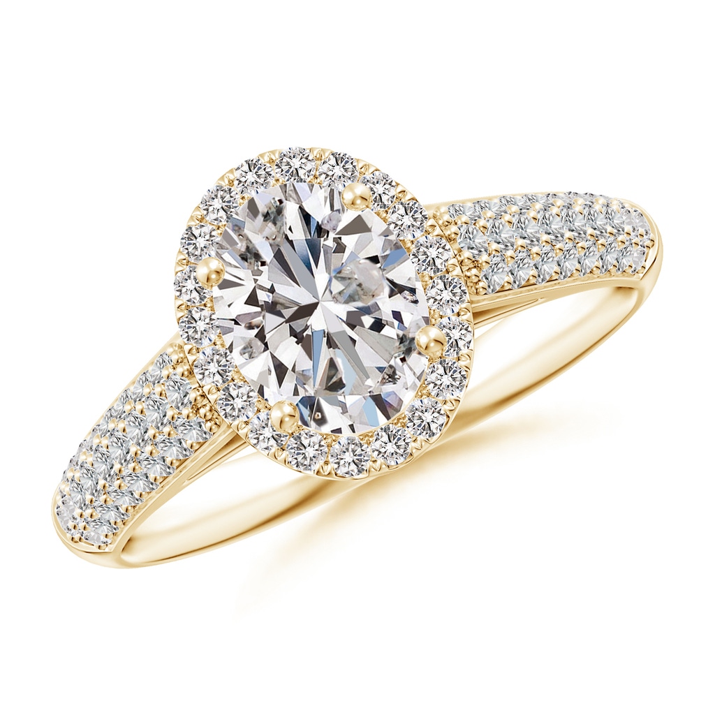 7.7x5.7mm IJI1I2 Oval Diamond Halo Engagement Ring with Pave-Set Accents in Yellow Gold
