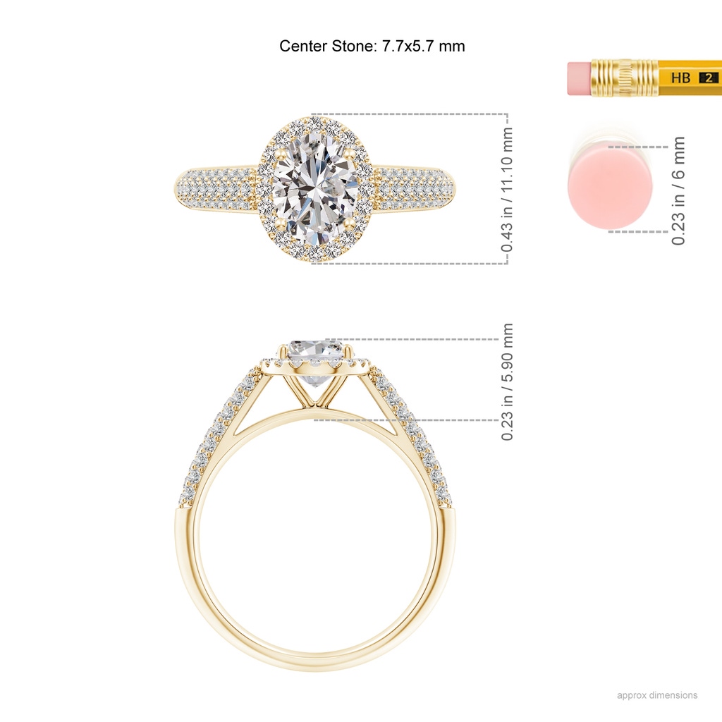 7.7x5.7mm IJI1I2 Oval Diamond Halo Engagement Ring with Pave-Set Accents in Yellow Gold ruler