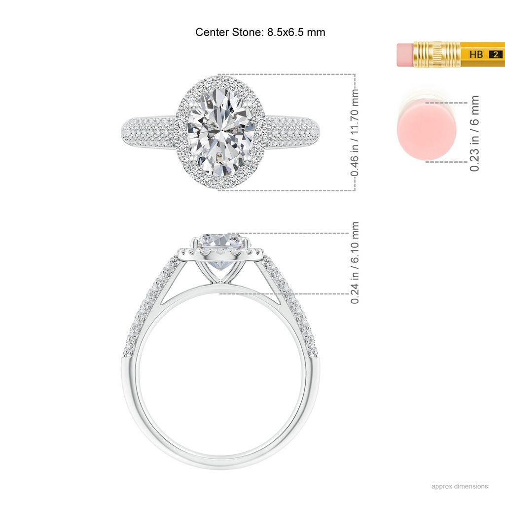 8.5x6.5mm HSI2 Oval Diamond Halo Engagement Ring with Pave-Set Accents in White Gold ruler