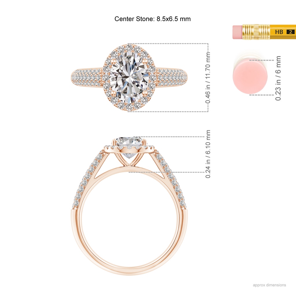 8.5x6.5mm IJI1I2 Oval Diamond Halo Engagement Ring with Pave-Set Accents in Rose Gold ruler