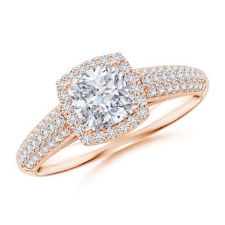 5.5mm HSI2 Cushion Diamond Halo Engagement Ring with Pave-Set Accents in Rose Gold