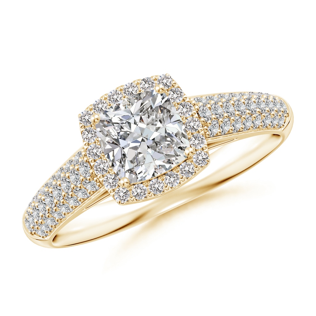 5.5mm IJI1I2 Cushion Diamond Halo Engagement Ring with Pave-Set Accents in Yellow Gold