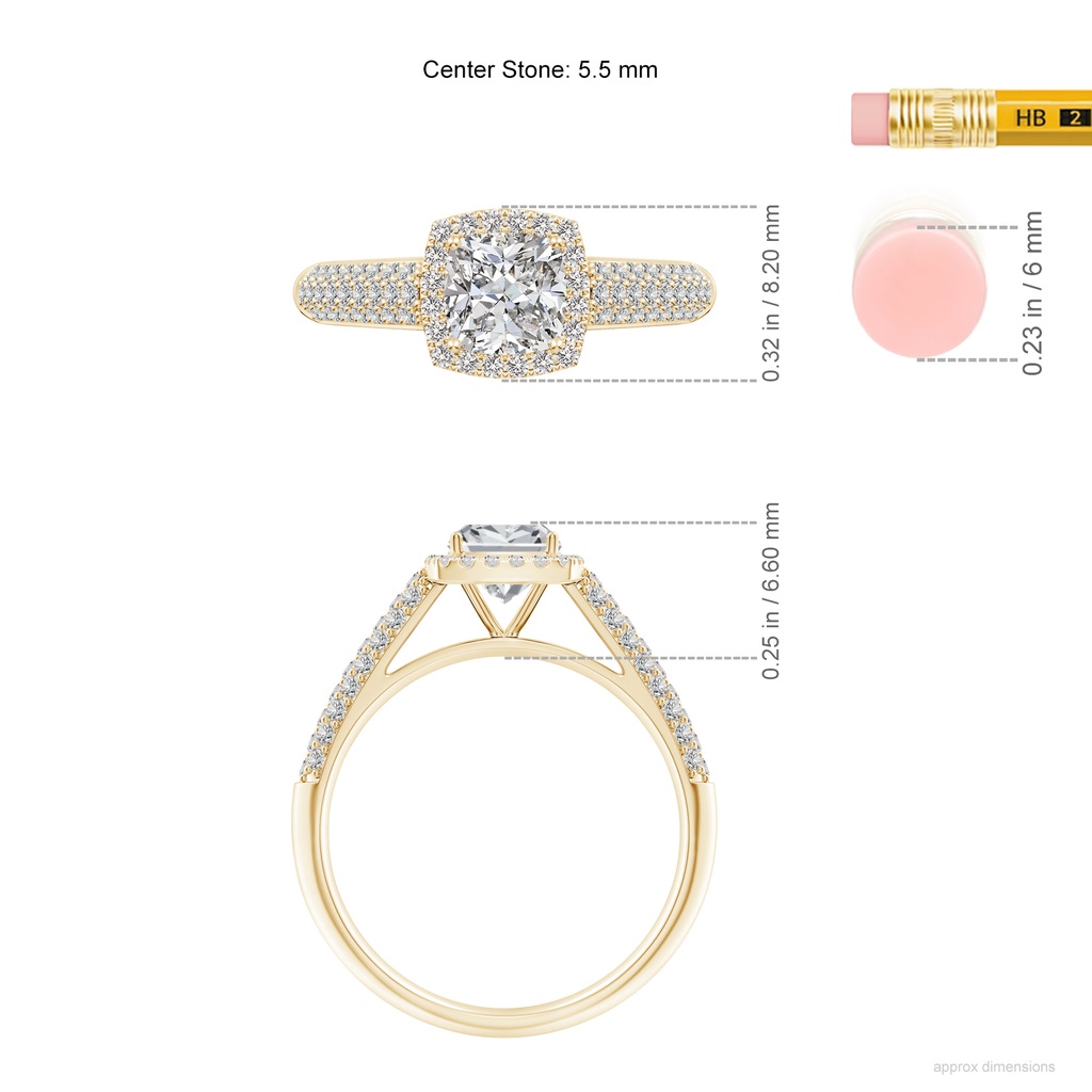 5.5mm IJI1I2 Cushion Diamond Halo Engagement Ring with Pave-Set Accents in Yellow Gold ruler