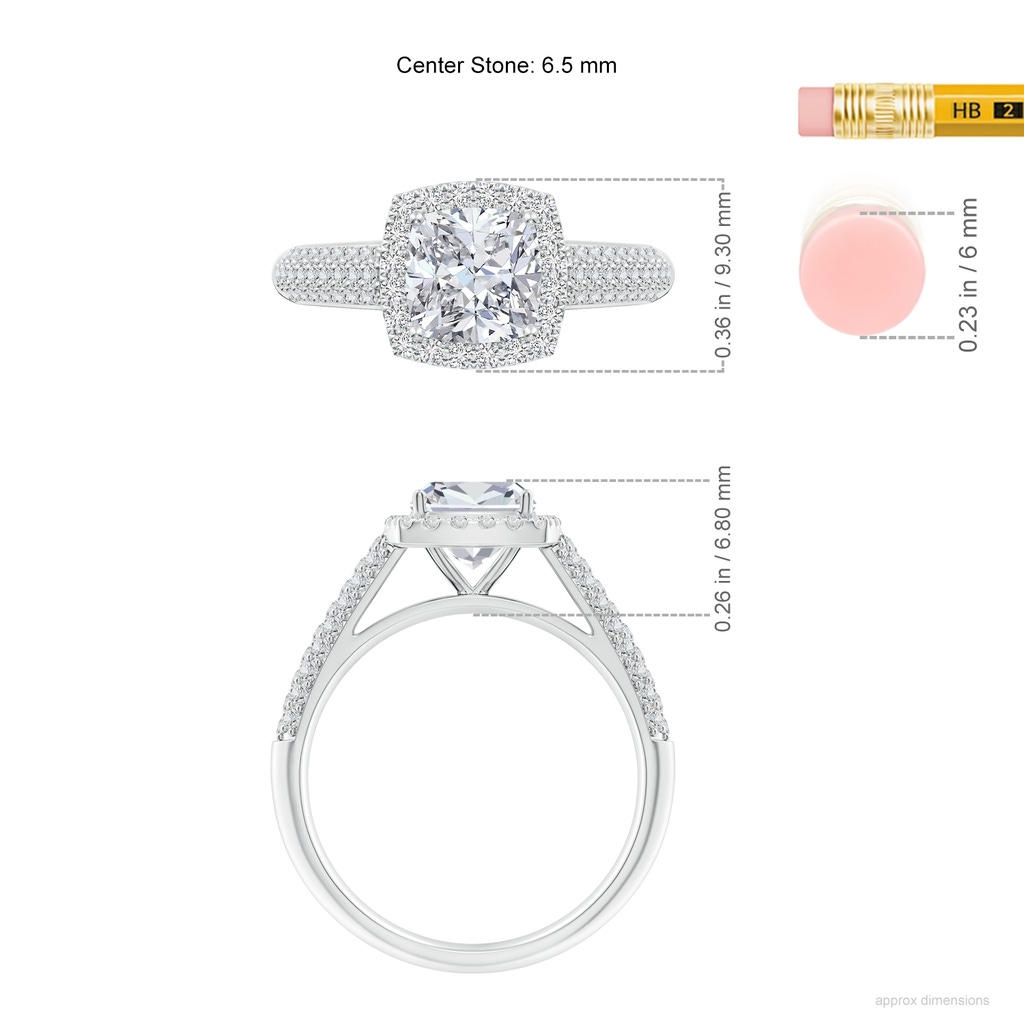 6.5mm HSI2 Cushion Diamond Halo Engagement Ring with Pave-Set Accents in White Gold ruler