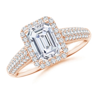 7.5x5.5mm GVS2 Emerald-Cut Diamond Halo Engagement Ring with Pave-Set Accents in 18K Rose Gold