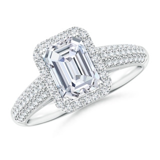 7.5x5.5mm GVS2 Emerald-Cut Diamond Halo Engagement Ring with Pave-Set Accents in P950 Platinum