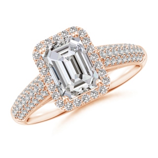 7.5x5.5mm IJI1I2 Emerald-Cut Diamond Halo Engagement Ring with Pave-Set Accents in Rose Gold