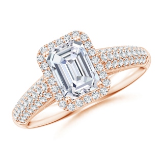 7x5mm GVS2 Emerald-Cut Diamond Halo Engagement Ring with Pave-Set Accents in Rose Gold