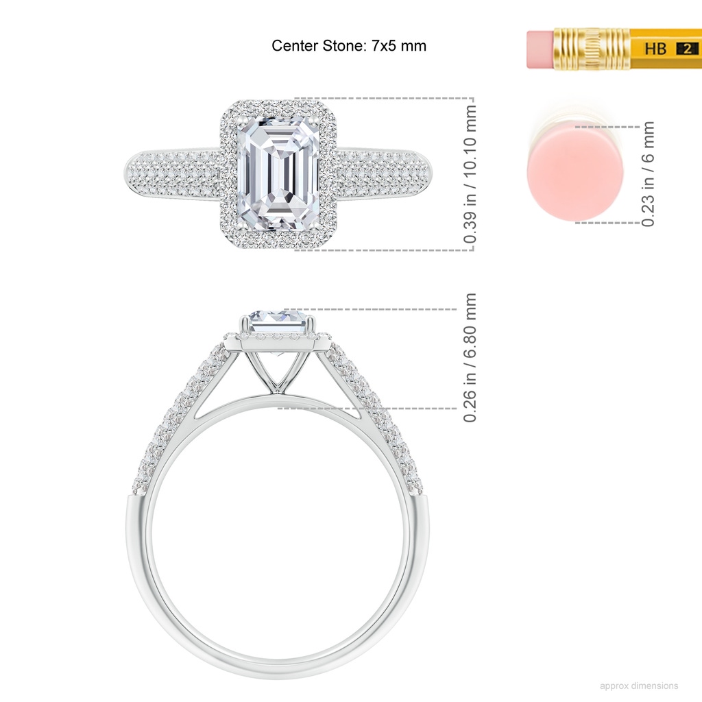 7x5mm HSI2 Emerald-Cut Diamond Halo Engagement Ring with Pave-Set Accents in P950 Platinum ruler