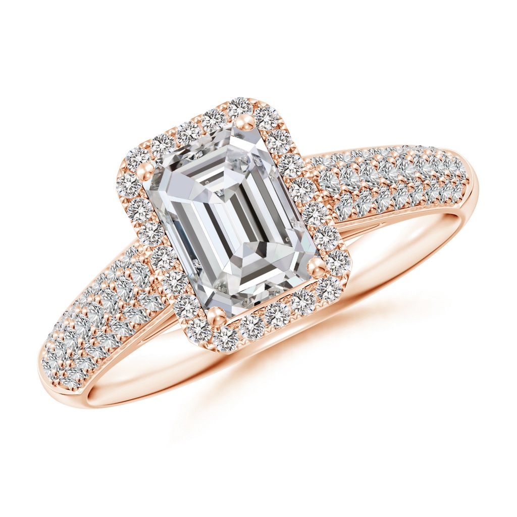 7x5mm IJI1I2 Emerald-Cut Diamond Halo Engagement Ring with Pave-Set Accents in Rose Gold
