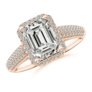 8.5x6.5mm KI3 Emerald-Cut Diamond Halo Engagement Ring with Pave-Set Accents in Rose Gold